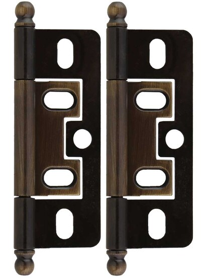 Pair of Solid Brass 2 1/2 inch Non-Mortise Ball-Tip Cabinet Hinges in Antique Brass.
